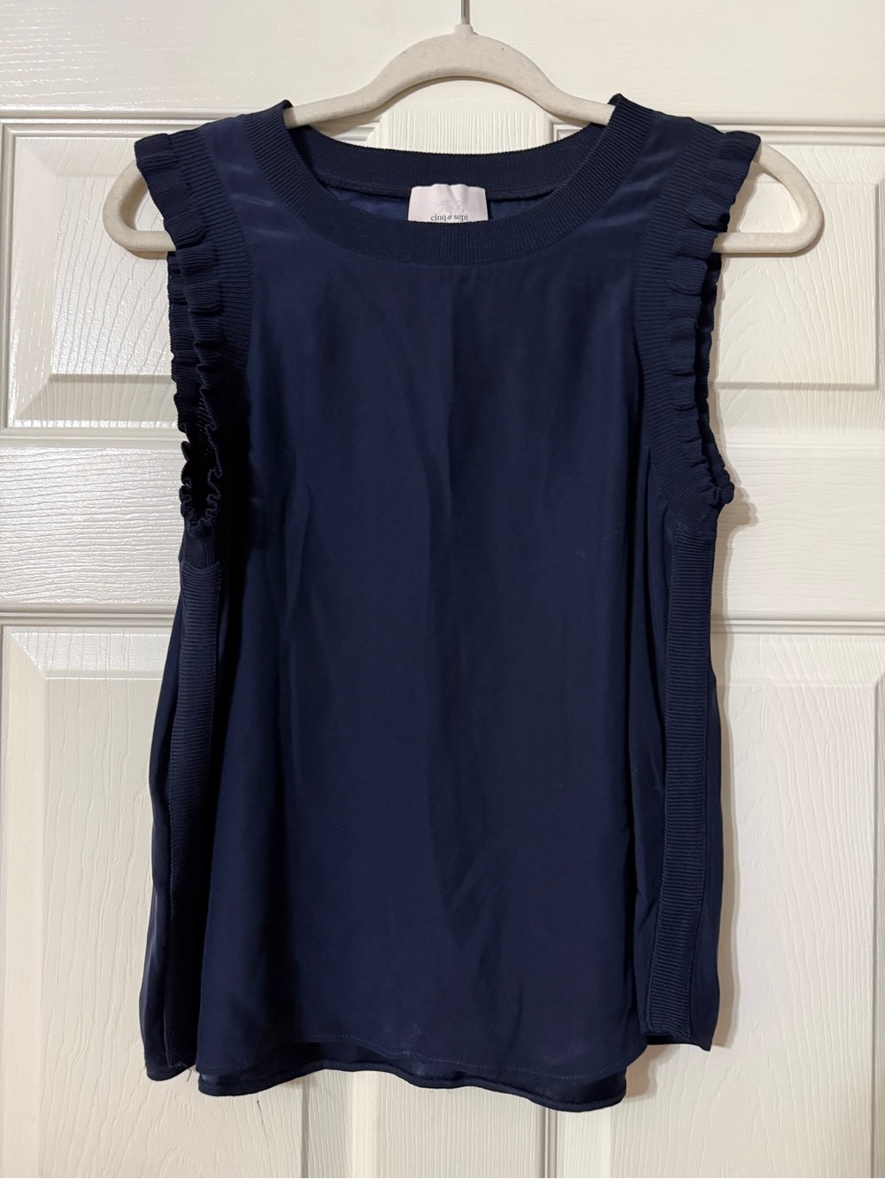 cinq a sept Navy Ruffle-Trim Sleeveless Tank Shell 100% Silk